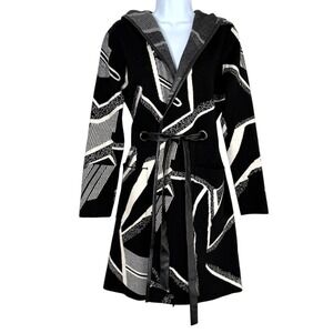 Elena Wang Modern Chic Tie Front Hooded Sweater Coat Size M Minimalist Layering